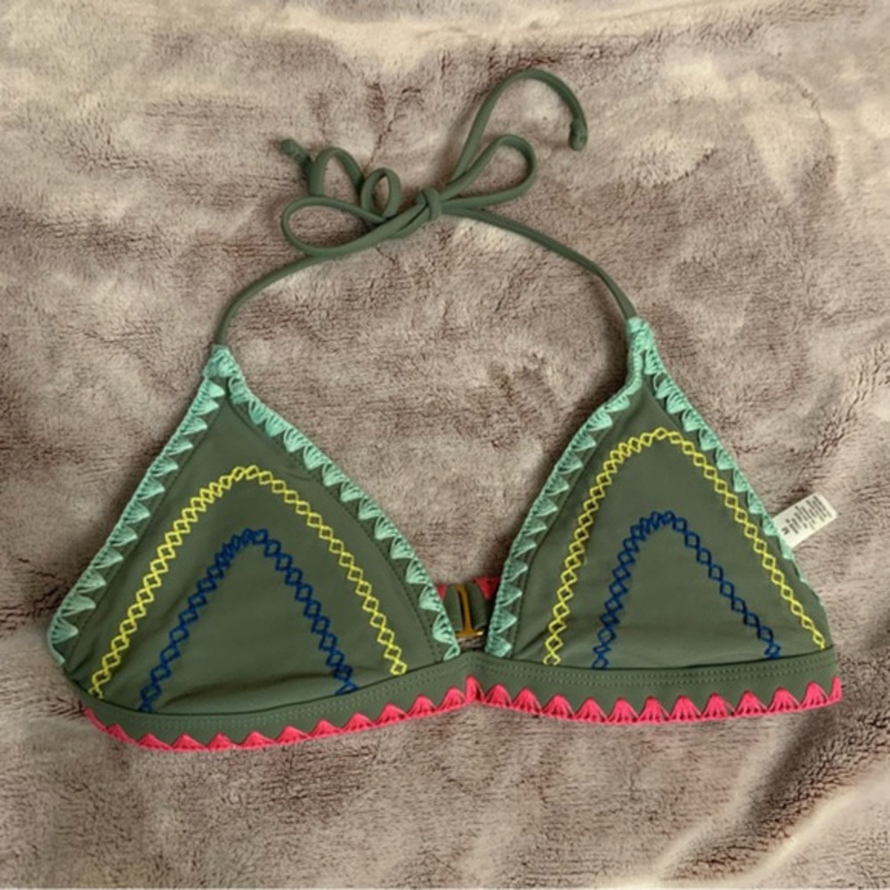 Rue 21 Womens Olive Green Embroidered Triangle Bikini Top Size M Crochet Trim